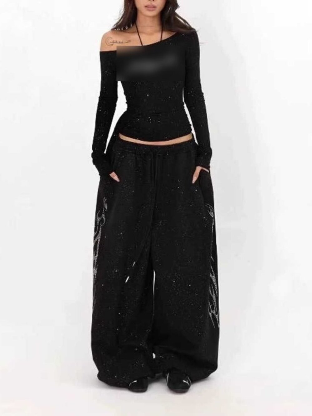 Y2K Rhinestone Glitter Wide Leg Sweatpants Black Baggy Grunge Goth Tribal Flame